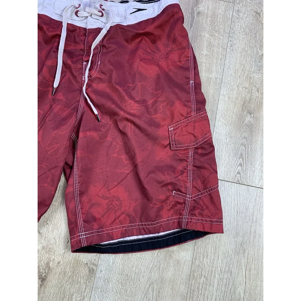 Speedo Men Sz Large Floral Red Swimsuit MESH REMOVED Swim Trunks Swimming Shorts